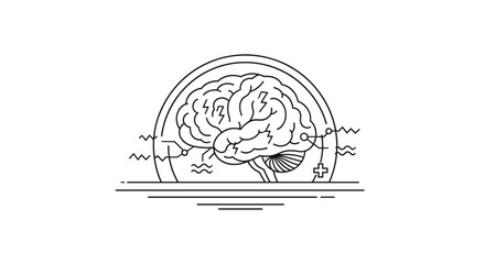 Abstract line art illustration of a brain MRI scan icon, symbolizing mental health, medical science, and electrical brain activation or stimulation, presented as a thin linear sign and symbol for a