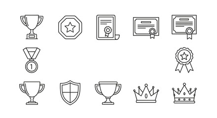 Collection of award line icons, including a trophy, a star badge, a medal, a shield, a crown, and certificates, representing achievement, victory, and recognition. This editable stroke vector
