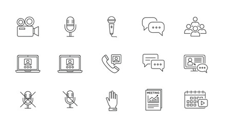 Collection of thin line icons representing video conferencing, online meetings, and virtual communication, presented on a clean white background for digital use. This set includes essential tools for