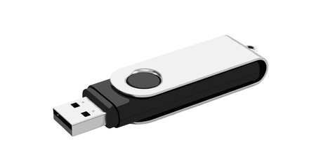 A sleek, modern USB flash drive with a silver swivel cap and black body, isolated on a black background. This portable storage device represents technology, data transfer, and digital information