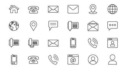 A collection of communication icons in a clean, white outline style on a black background, featuring essential contact symbols like home, phone, email, location pin, globe, fax, message bubble