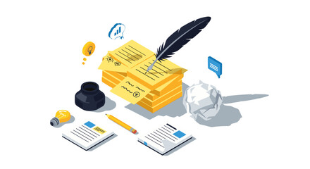Creative Writing Tools Isometric Vector Illustration Set: Featuring a stack of yellow notes with a quill pen, inkwell, crumpled paper ball, lightbulb, pencil, and documents, symbolizing ideas