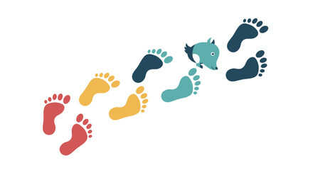 Vibrant and playful flat vector illustration of colorful footprints in red, yellow, teal, and dark blue, leading towards a cute, stylized blue animal head, set against a stark black background