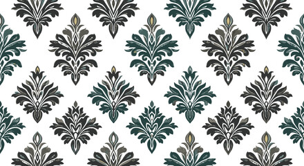 Modern Damask Seamless Pattern Element: A Vintage Classical Old-Fashioned Damask Ornament, Perfect for Wallpapers and Textiles, Featuring a Rich Texture in Deep Teal and Charcoal Grays on a Black