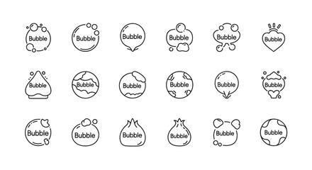 Collection of 16 unique line icons representing bubbles, including soap foam, fizzy drinks, oxygen bubbles, and effervescent effects. These editable stroke icons are isolated on a white background