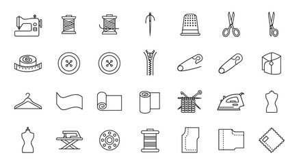 A comprehensive collection of thin line icons representing various sewing and tailoring tools and elements, presented on a clean white background, perfect for digital and print design projects