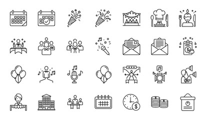 A comprehensive line icon set for event planning and organization, featuring elements like calendars, party poppers, festive decorations, catering, guest arrangements, invitations, entertainment