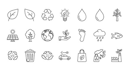 Ecology and sustainability thin line icon set, representing concepts like recycling, renewable energy, nature, water conservation, and environmental protection, perfect for eco-friendly design and