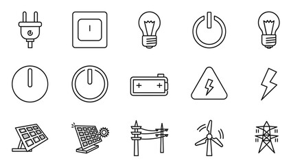 A comprehensive vector illustration set of electricity-related icons, featuring a power plug, light bulb, power button, battery, high voltage warning, lightning bolt, solar panels, wind turbine, and
