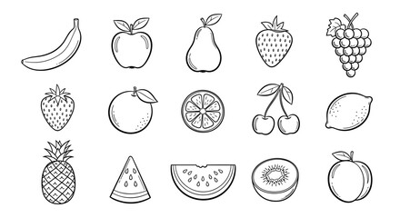 A collection of hand-drawn doodle icons representing a variety of fresh fruits, including a banana, apple, pear, strawberry, orange, lemon, grapes, cherries, pineapple, watermelon slice, kiwi slice
