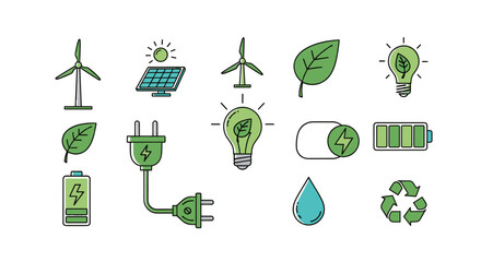Vibrant green energy icon set featuring a collection of renewable energy, ecology, and green electricity symbols, including wind turbines, solar panels, lightbulbs with leaves, batteries, water