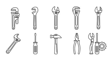 Collection of essential hand tools in a clean, minimalistic line art style, featuring adjustable wrenches, pipe wrench, screwdrivers, hammer, pliers, and a gear. This editable stroke vector bundle is