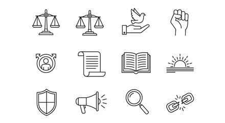 Human rights line icon set: Simple outline symbols representing justice, law, equality, social activism, and freedom. This collection features clear vector icons for concepts like scales of justice