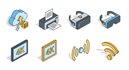 Isometric line icon set showcasing modern technology and digital symbols, including cloud computing with upload arrows, a printer, VR glasses, 4K resolution monitors, and wireless signal icons