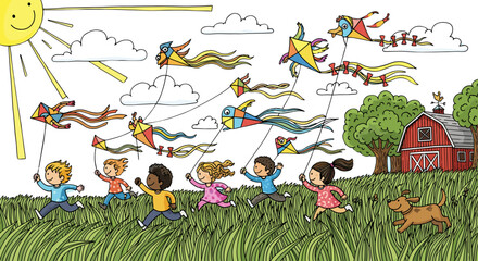 Vibrant hand-drawn illustration of diverse children joyfully running through tall green grass, flying colorful, whimsical kites against a black sky with a smiling sun and fluffy clouds, near a rustic