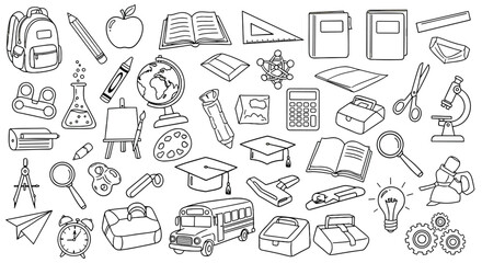 A diverse collection of hand-drawn school supplies and educational icons, perfect for back-to-school themes, presented in a clean sketch style on a black background, ideal for wrapping paper