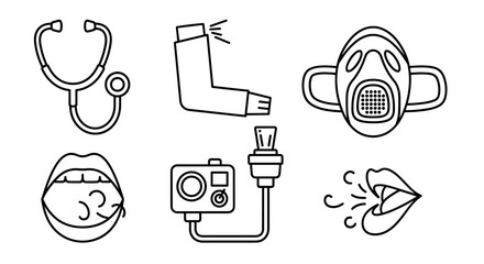 Collection of outline icons representing respiratory health, including a stethoscope for listening to lungs, an asthma inhaler for breathing assistance, an oxygen mask for respiratory support, a