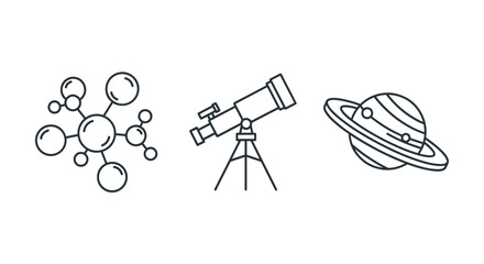 Set of outline science exhibition icons, including a molecule model, a telescope on a tripod, and a planet model with rings, representing scientific exploration, discovery, and the universe, perfect