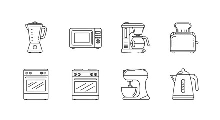 Collection of modern kitchen appliance outline icons in a clean line art style, perfect for representing home cooking, food preparation, and culinary technology, featuring a blender, microwave