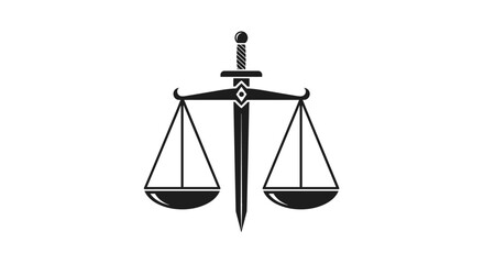 Symbolic line-style icon representing the Scales of Justice, featuring balanced and unbalanced scales, a sword symbolizing judgment, and a diamond shape, all rendered in a clean, modern aesthetic