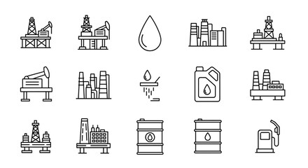 Set of editable stroke outline web icons representing the oil and gas industry, including oil rigs, refineries, petroleum drops, lubricant canisters, oil barrels, and gas pumps, presented on a black