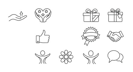 Set of Thank You Vector Line Icons: Gratitude, Appreciation, Thx Speech Bubble, Gift Box, Thumbs Up, Handshake, Stars in Hands, and More. Editable Stroke, 48x48 Pixel Perfect Icons for Business and