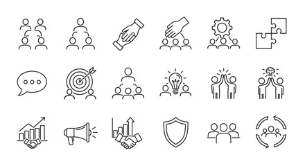 A comprehensive set of line-style web icons representing teamwork, collaboration, and business concepts, including handshake, hierarchy, target, idea generation, and puzzle pieces, perfect for