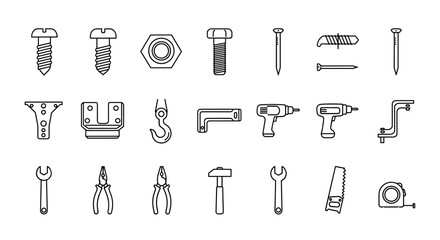 Collection of black outline icons representing various hardware and construction elements, including screws, nuts, bolts, nails, hooks, drills, and other fixation tools, isolated on a white