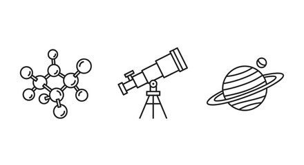 A minimalist outline icon set representing science exhibitions, featuring a molecular structure, a telescope on a tripod, and a ringed planet with a moon, all presented on a stark black background