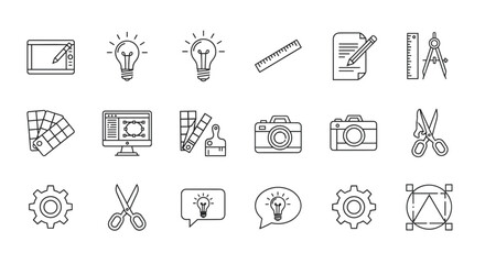 Set of creative graphic design line icons, including a drawing tablet, light bulbs for ideas, ruler, document with pencil, compass, color palette, computer with design software, paint brush, cameras