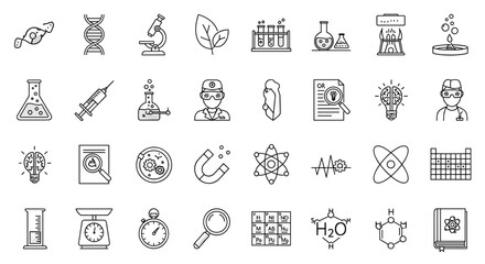 Vivid science icon set featuring biology, laboratory equipment, experiments, scientists, research tools, physics symbols, chemistry molecules, and more, representing science education and discovery