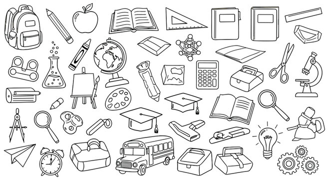 A diverse collection of hand-drawn school supplies and educational icons, perfect for back-to-school themes, presented in a clean sketch style on a black background, ideal for wrapping paper
