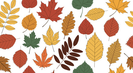 Vibrant seamless vector illustration featuring a diverse collection of autumn leaves in various shapes and warm colors, including maple, oak, and birch, set against a striking black background
