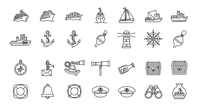 A comprehensive collection of nautical and maritime-themed line icons, featuring a diverse array of ship types, navigational tools, and seafaring symbols, perfect for graphic and web design projects