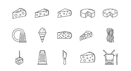 Set of minimalistic linear pictograms representing various types of cheese, cheese grater, cheese knife, spaghetti, and fondue pot, all rendered in a clean white outline style on a black background