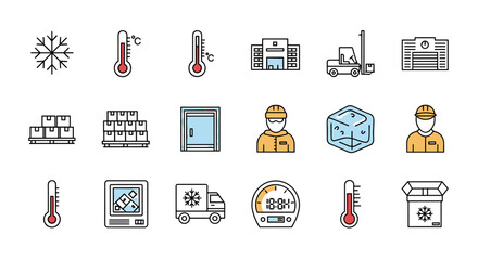 Set of freezer warehouse related line icons, outline signs for graphic and web design, apps, adverts, various cards, vector cartoon illustration with snowflake, thermometer, boxes, forklift