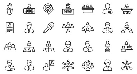 Collection of 24 vector icons representing work-related concepts like job, career, employment, meetings, organization, teamwork, and networking, presented in a clean, solid line art style on a black