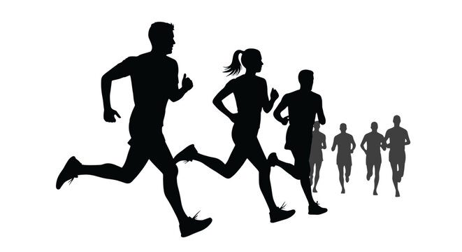 Dynamic silhouette of a diverse group of runners, including men and women, engaged in a marathon race, captured in a striking abstract vector illustration against a black background, symbolizing