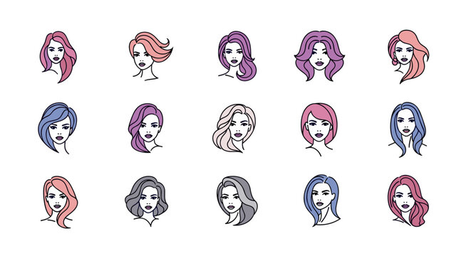 Collection of stylized female portraits with diverse hairstyles and vibrant, pastel hair colors, presented as clean vector illustrations on a black background, ideal for beauty, fashion, and salon