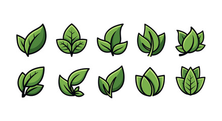 Collection of ten stylized green leaf icons and symbols, representing nature, growth, and organic elements, perfect for eco-friendly branding, health products, and environmental themes. Each leaf