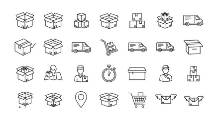 Modern Line Icon Bundle for Delivery Services: A Comprehensive Collection Featuring Boxes, Vans, Delivery Personnel, and Logistics Symbols, Perfect for Websites, Apps, and Graphic Design Projects
