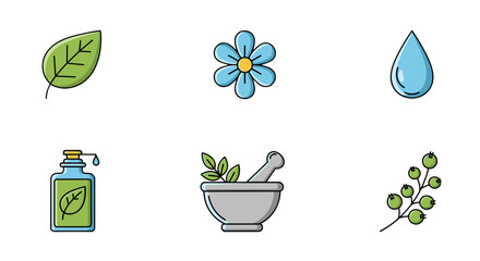A collection of six flat design icons representing natural elements and wellness, including a green leaf, a blue flower, a water droplet, a bottle of essential oil, a mortar and pestle with herbs
