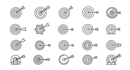 Collection of twenty distinct dartboard and arrow icons, presented in a clean, white line art style against a solid black background, symbolizing focus, accuracy, and achievement in various business