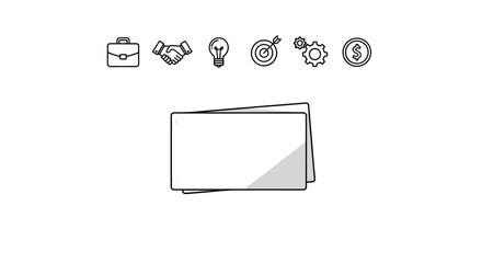 A collection of business-related icons, including a briefcase, handshake, lightbulb, target, gears, and a dollar coin, arranged above two blank white rectangular cards on a black background