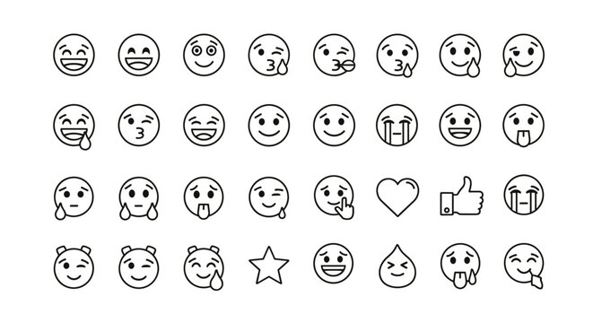Collection of 36 outline-style smiley emoticons and emojis, including laughing, crying, winking, and thumbs up icons, presented as a vector set on a black background, perfect for digital