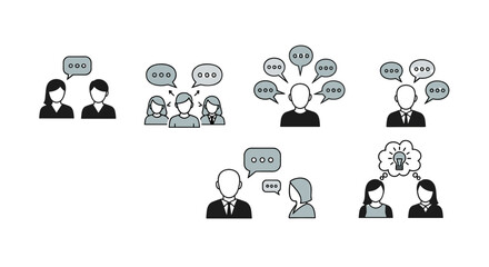 Set of minimalistic vector cartoon illustrations depicting faceless people engaged in various forms of communication, including discussions, brainstorming, and idea sharing, suitable for web and
