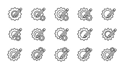 Collection of minimalistic linear icons featuring a gear with a pencil, symbolizing creativity, development, and engineering. These versatile vector graphics are perfect for web design, app