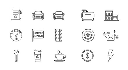 A minimalist collection of editable stroke outline web line icons representing various aspects of a gas station and automotive services, including a gas pump, cars, a service station sign, a tire, a