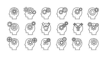Set of minimalistic line icons depicting a human head profile with various gear mechanisms inside, symbolizing thought processes, ideas, and intelligence. This collection is perfect for web design