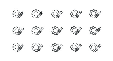 Minimalistic thin line icon set featuring gears and pencils, symbolizing settings, configuration, creation, and development. Ideal for web design, app interfaces, banners, social media, and graphic